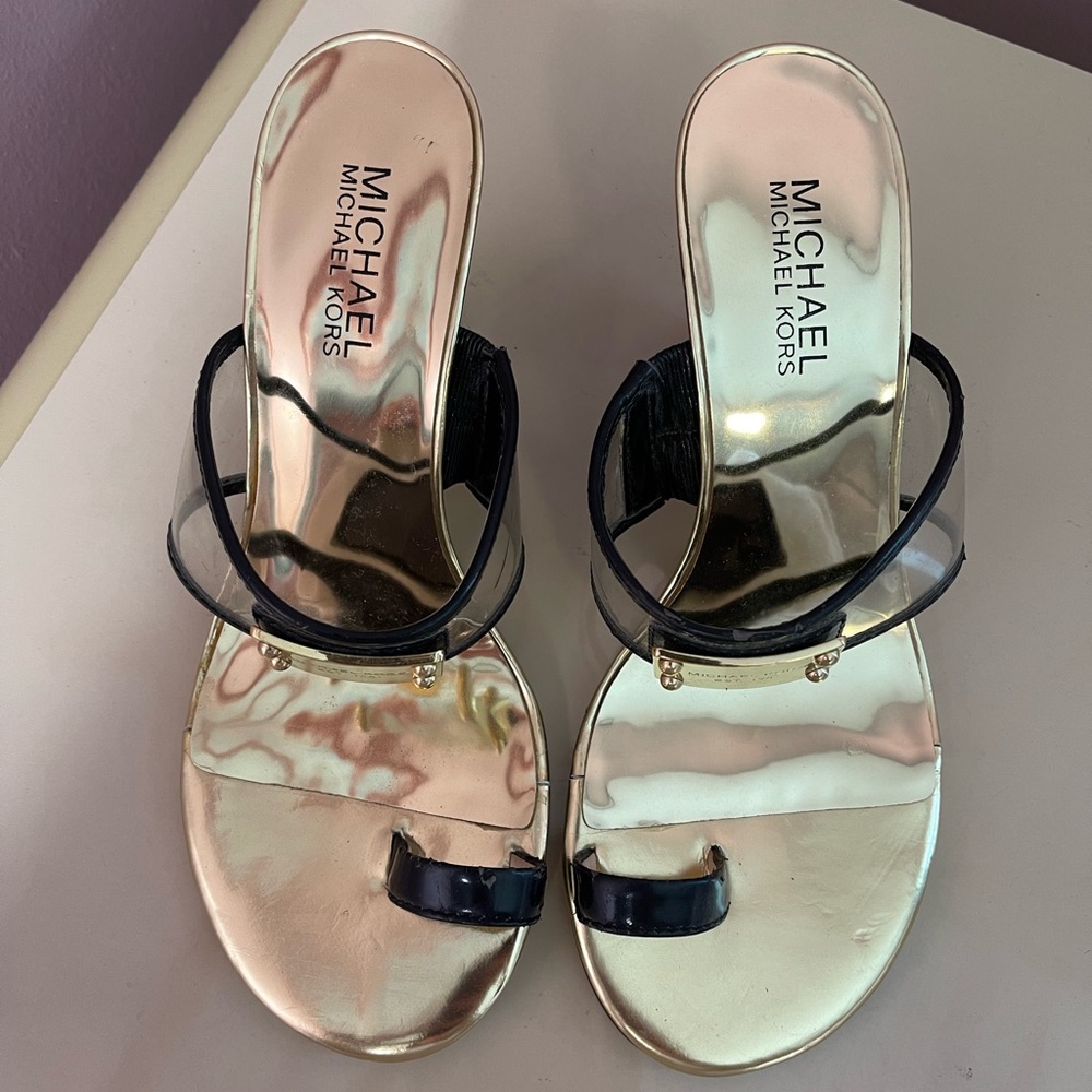 Michael Kors Black and Clear Miami Sandals with Toe Ring and Wedge Heel